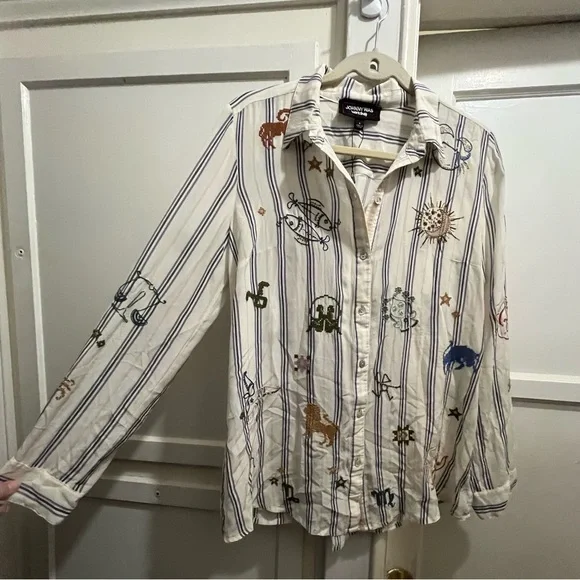 Johnny Was ARIANA BUTTON BACK striped silk shirt with zodiac embroidery size sm - Picture 13 of 16